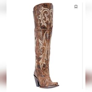 Dan Post Jilted Knee High Brown Western Cowboy Boots with Embroidered Design